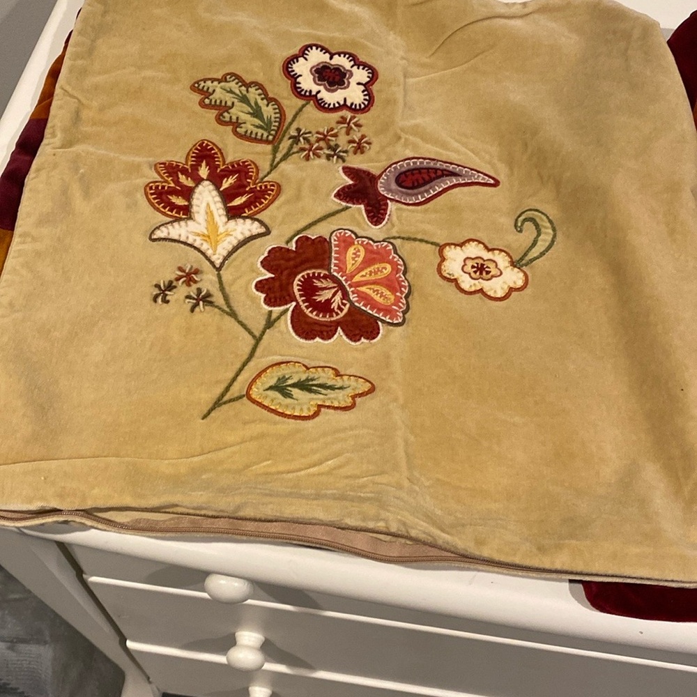 Pottery Barn Cream and Red Accent Pillows with Floral Design